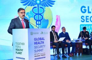Caretaker Prime Minister Anwaar-ul-Haq Kakar addresses the Global Health Security Summit.
