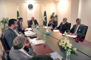 Federal Minister for Communications Shahid Ashraf Tarar being briefed regarding the working of Control room established by Ministry of Interior to monitor the overall security situation during General Elections.
