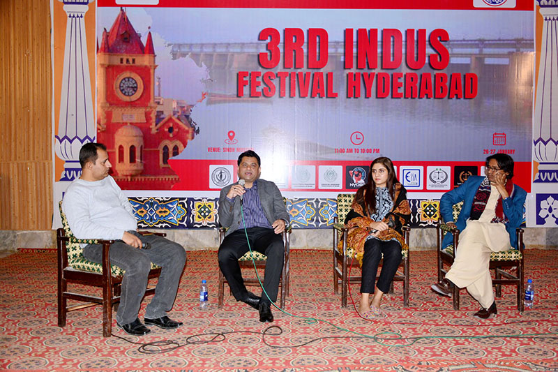 Professer Imdad laghari and youth activist Montha Mehar addressing to participants in a debate session during Indus festival at Sindh Museum