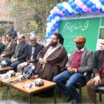 Special Assistant to Prime Minister Allama Tahir Ashrafi and Chairman Pakistan Ulema-e-Islam Council talking to the media during launch of anti-polio drive at DG Health Office.