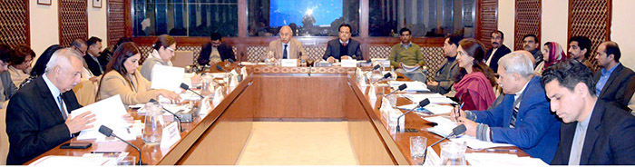 Senator Mohsin Aziz, Chairman Senate Standing Committee on Interior presiding over a meeting of the committee at Parliament House.