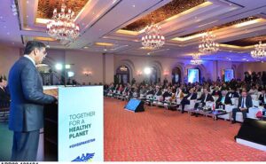 Caretaker Prime Minister Anwaar-ul-Haq Kakar addresses the Global Health Security Summit.