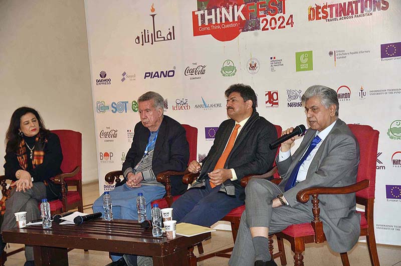 Caretaker Federal Minister for Information and Broadcasting, Murtaza Solangi addressing a Seminar (Muzakara) organized by Think Fest at Al Hamra Hall