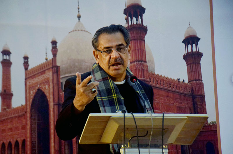 Caretaker Federal Minister for Religious Affairs and Interfaith Harmony Aneeq Ahmed Khan addressing during free medical camp titled role of Mimber and Mehrab in Healthy Society organized by Primary and Secondary Healthcare Department Punjab at Badshahi Masjid