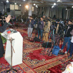 Caretaker Federal Minister for Religious Affairs & Interfaith Harmony Aneeq Ahmad is addressing during the annual certificate distribution ceremony of Jamia Salfia Hajjiabad.