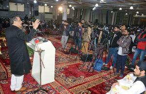  Caretaker Federal Minister for Religious Affairs & Interfaith Harmony Aneeq Ahmad is addressing during the annual certificate distribution ceremony of Jamia Salfia Hajjiabad.