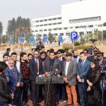 Speaker National Assembly Raja Pervez Ashraf talking to media persons after inaugurating the office of the Parliamentary Reporters Association (PRA) at Parliament House.