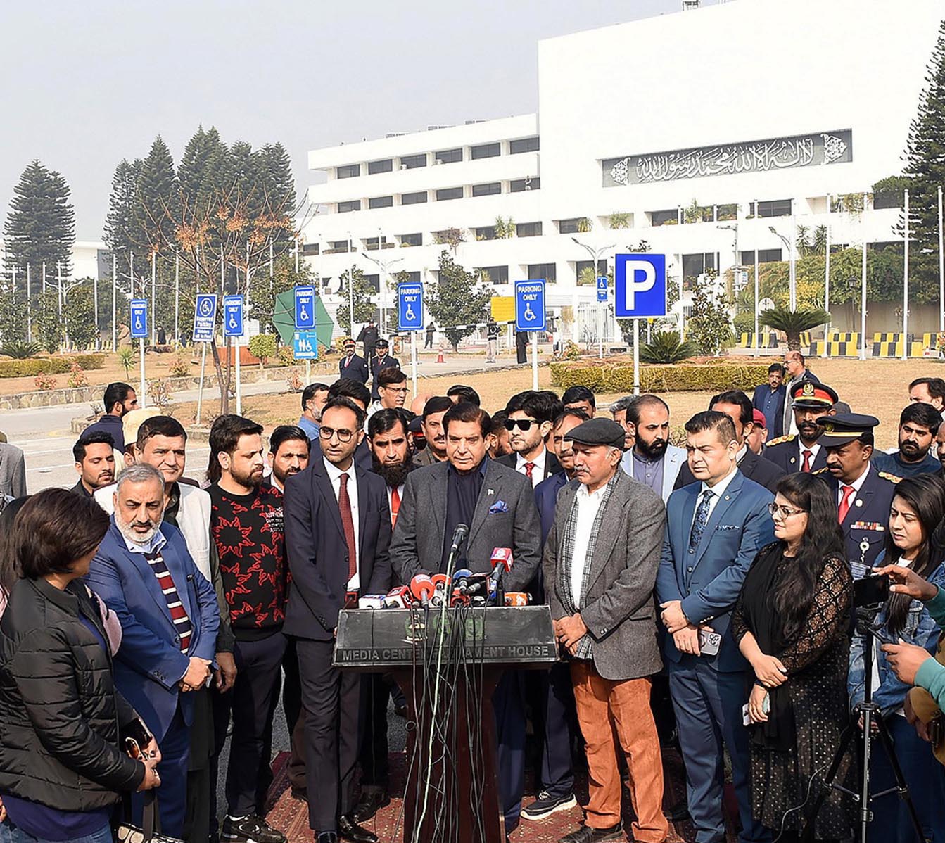Speaker National Assembly Raja Pervez Ashraf talking to media persons after inaugurating the office of the Parliamentary Reporters Association (PRA) at Parliament House.