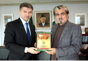 Ambassador of Kazakhstan to Pakistan Yerzhan Kistafin calls on Caretaker Federal Minister for National Heritage and Culture Jamal Shah at National Heritage & Culture Division.
