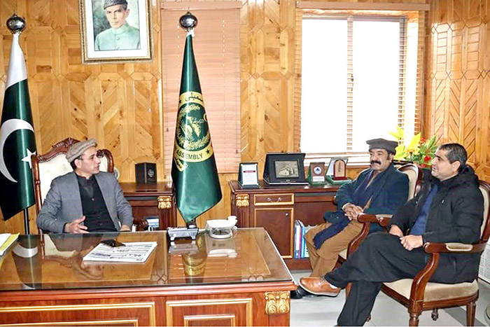 Speaker Gilgit-Baltistan Assembly Nazir Ahmad Advocate in a meeting with the Project Director Ghizir Shandor road Shams Ur Rehman at Assembly Secretariat