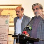 Caretaker Federal Minister for National Heritage and Culture Jamal Shah addressing at closing ceremony of two-week long Calligraphy Workshop for Madrasa students, an exhibition and certificate distribution to students at PNCA.