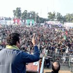Chairman PPP Bilawal Bhutto Zardari addressing a public gathering at Four Wall Hockey Stadium.