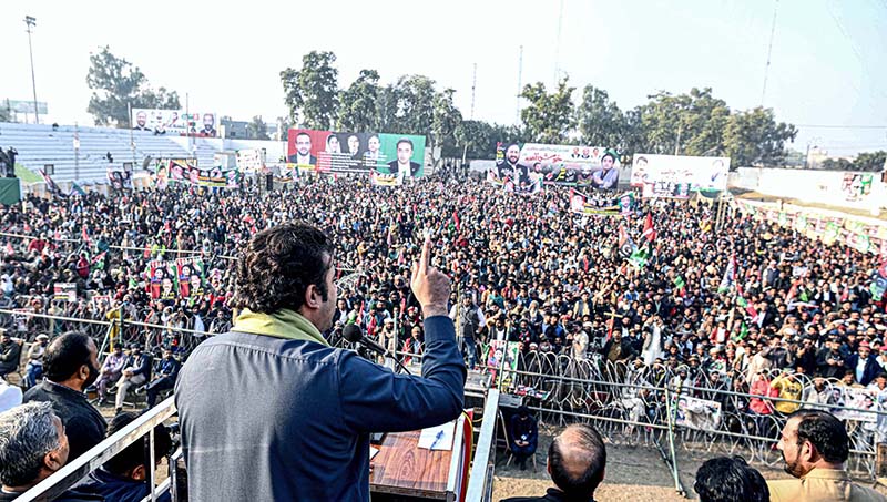 Chairman PPP Bilawal Bhutto Zardari addressing a public gathering at Four Wall Hockey Stadium.