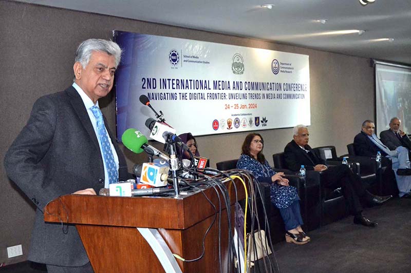Caretaker Federal Minister for Information and Broadcasting, Murtaza Solangi addressing the Second International Media and Communication Conference at University of Management and Technology