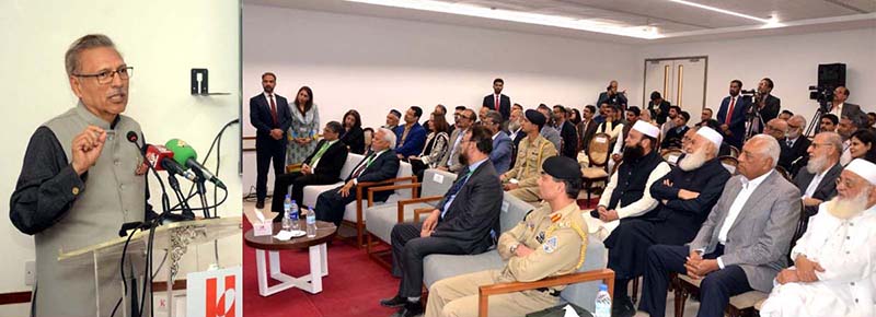 President Dr Arif Alvi addressing the gathering during his visit Health Network Blood Centre & Clinical Laboratories, at Indus Hospital