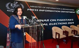 Secretary Ministry of Information & Broadcasting, Ms. Shahera Shahid addressing during a seminar on "Changing Landscape of Pakistani Electorate & Role of Political Parties in Fair Representation" organized by Press Information Department