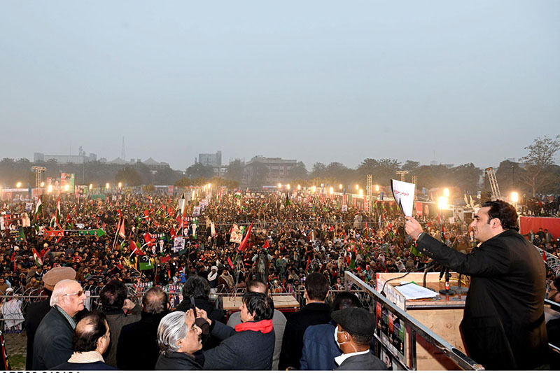 Chairman Pakistan People's Party Bilawal Bhutto Zardari is addressing a public gathering during election campaign at Township Ground