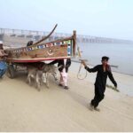 Fishermen on the way holding a boat on a donkey cart to land it in the Indus River