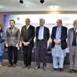 Caretaker Federal Minister for Information and Broadcasting Murtaza Solangi in a group photograph with the participants on the occasion of the 2nd International Media and Communication Conference at University of Management and Technology