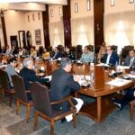 Caretaker Sindh Chief Minister Justice (Retd) Maqbool Baqar presides over a meeting to review overall arrangements for the February 8 General Election at CM House