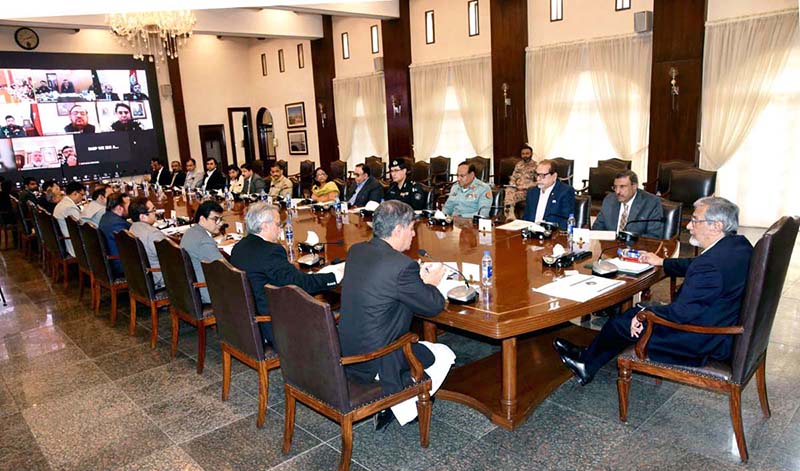 Caretaker Sindh Chief Minister Justice (Retd) Maqbool Baqar presides over a meeting to review overall arrangements for the February 8 General Election at CM House
