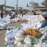 Vendors displaying orange to attract the customers in front of market.