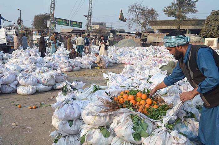 Vendors displaying orange to attract the customers in front of market.