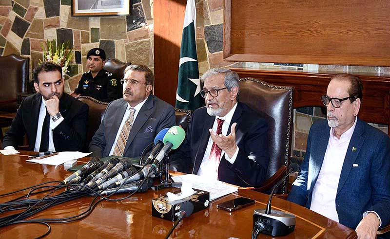 Caretaker Sindh Chief Minister Justice (Retd) Maqbool Baqar presides over a meeting to review overall arrangements for the February 8 General Election at CM House