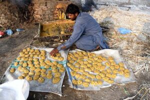 Farmer busy making traditional sweet item (Gurr) at his workplace
