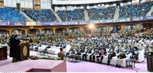 President Dr. Arif Alvi addressing the convocation of Allama Iqbal Open University (AIOU) at Jinnah Convention Centre.
