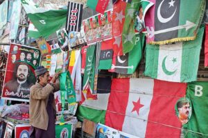 A vender display the different political party flags