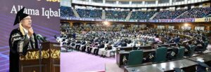 President Dr. Arif Alvi addressing the convocation of Allama Iqbal Open University (AIOU) at Jinnah Convention Centre.