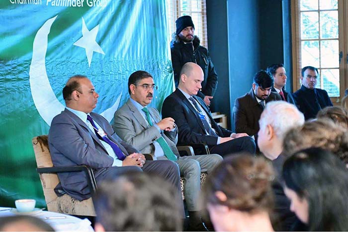 Caretaker Prime Minister Anwaar-ul-Haq Kakar addressing the Pathfinder's Pakistan Breakfast meeting held on the sidelines of the World Economic Forum.