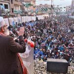 Ameer-e-Jamat-e-Islami Siraj-ul-Haq addressing public gathering in connection with upcoming General Election 2024 at Latifabad