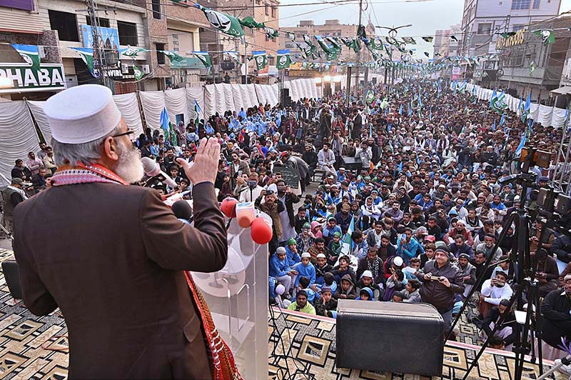 Ameer-e-Jamat-e-Islami Siraj-ul-Haq addressing public gathering in connection with upcoming General Election 2024 at Latifabad