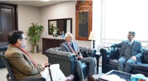 PM's aide on aviation Farhat Hussain Khan held a meeting with Ambassador of Iraq to Pak. to discuss various issues of air transportation at his office.