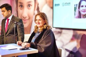 First Lady Begum Samina Alvi speaking at an event themed "Unlock the everyday: advancing the SDGs through the power of Assistive Technology" on the sidelines of the World Economic Forum 2024.