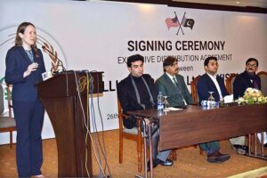 US Consul General Kristin Hawkins addressing during signing ceremony between Jullundur (Pvt) Ltd. Pakistan and Agmor Inc. USA