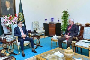 Advisor to PM on Aviation Air Marshal (R) Farhat Hussain Khan called on caretaker Prime Minister Anwaar-ul-Haq Kakar.