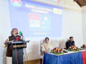 Caretaker Federal Minister for Education and Professional Training, Madad Ali Sindhi, addressing the ceremony of Book Launching written by Dr. Afshan Malik Chairperson Sindho Social Welfare Trust at Sindh Police Museum and Headquarter. 