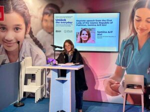 First Lady Begum Samina Alvi speaking at an event themed "Unlock the everyday: advancing the SDGs through the power of Assistive Technology" on the sidelines of the World Economic Forum 2024.