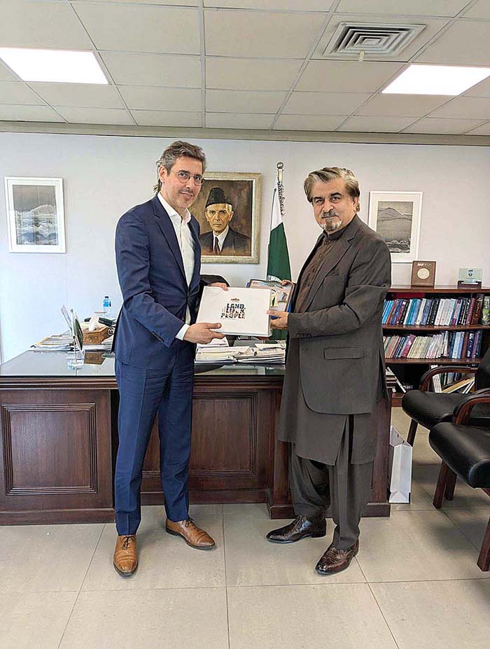 Caretaker Federal Minister for National Heritage and Culture Jamal Shah presenting CPEC Cultural Caravan book to Director and Representative UNESCO Dr. Youssef Filali-Meknassi after meeting in his office. Caretaker Federal Minister for National Heritage and Culture Jamal Shah presenting CPEC Cultural Caravan book to Director and Representative UNESCO Dr. Youssef Filali-Meknassi after meeting in his office.