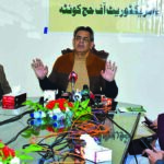 Caretaker Federal Minister for Religious Affairs and Interfaith Harmony Aneeq Ahmed talking to media persons after visiting Hajji Camp.