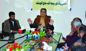 Caretaker Federal Minister for Religious Affairs and Interfaith Harmony Aneeq Ahmed talking to media persons after visiting Hajji Camp. 