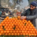 Vendor displaying oranges to attract the customer at Haji Camp