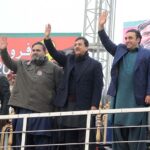 Chairman PPP Bilawal Bhutto Zardari waving hand to the public gathering in connection with upcoming General Elections 2024