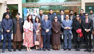 Special Assistant to Prime Minister for Human Rights and Women Empowerment Mushaal Hussein Mullick is being presented with a shield at Lahore Chamber of Commerce and Industry (LCCI). 