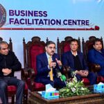 Caretaker Prime Minister Anwaar-ul-Haq Kakar addressing business community and media representatives during his visit to Business Facilitation Center.