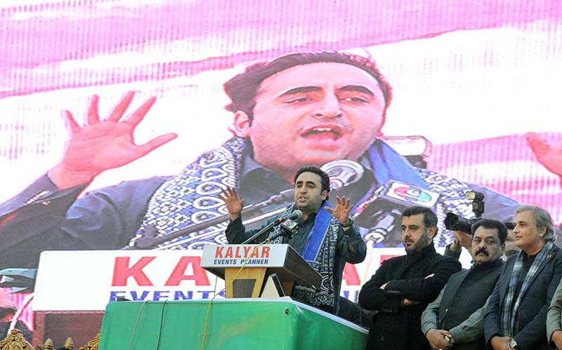 Chairman PPP Bilawal Bhutto Zardari addressing a public gathering in connection with upcoming General Elections 2024