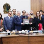 Special Assistant to Prime Minister for Human Rights and Women Empowerment Mushaal Hussein Mullick is being presented with a shield at Lahore Chamber of Commerce and Industry (LCCI).